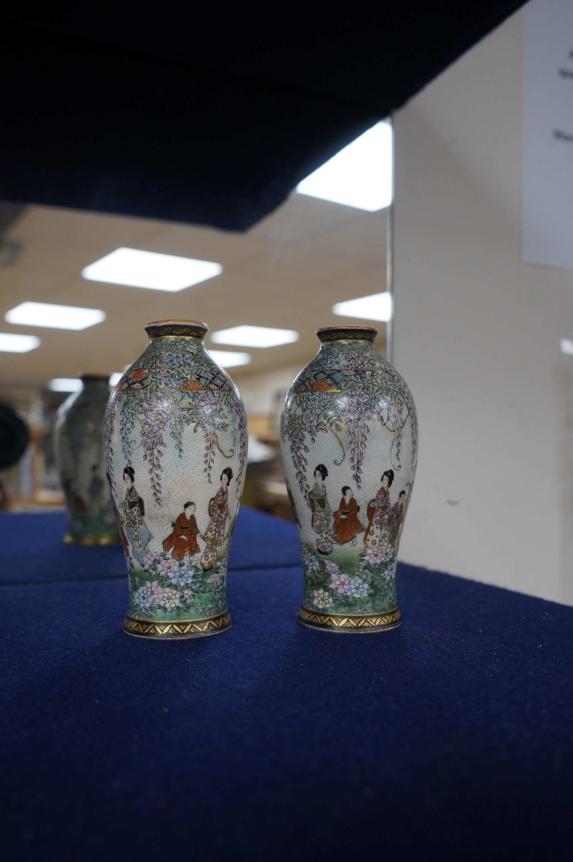 A pair of small Japanese Satsuma vases, Meiji period, 12cm high. Condition - fair, one with rim crack